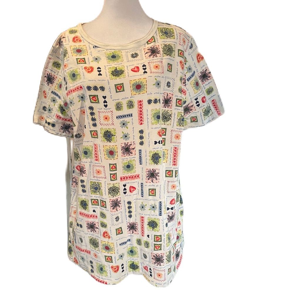 Just My Size White w/ Multi Color Heart & Floral Print Short Sleeve Tee 14W/16W